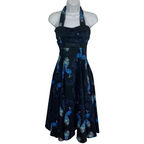Collectif 50s Style Peacock Print Halter Dress Womens 8 Pin Up Rockabilly Prom - Picture 9 of 9